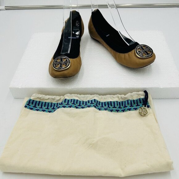 Tory Burch Caroline Flats Ballet Stretchy Beige Black Brown Tan Women's 6.5M - Picture 1 of 10